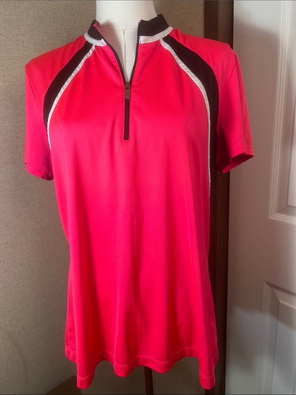 Tail Women’s Hot Pink Short-Sleeve Athletic Zip Polo with Black & White Trim